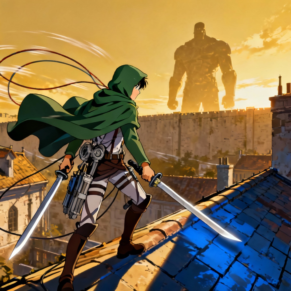 AOT-style scout standing on a rooftop with cloak flowing and ODM gear