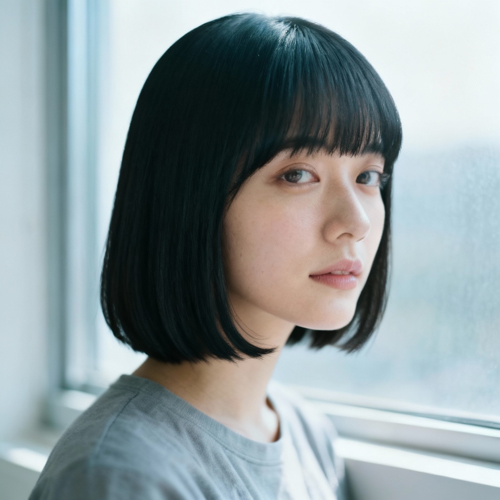 AI straight shoulder-length hair with curtain bangs
