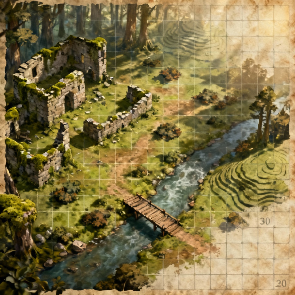 AI-generated tactical battle map with forest ruins and 30x20 grid