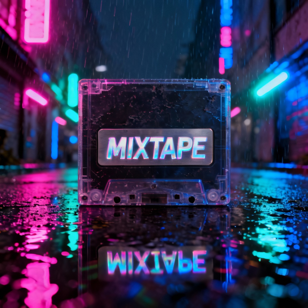Cyberpunk mixtape cover with neon streets and holographic title