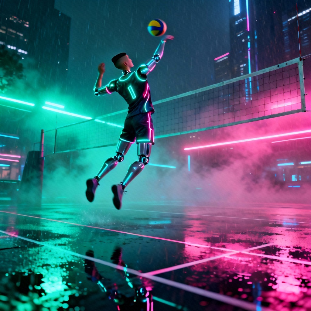 AI cyberpunk street volleyball night scene with neon