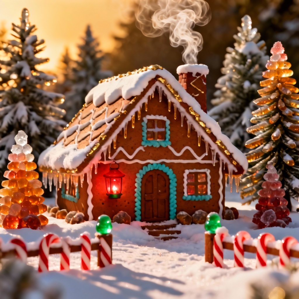 A-frame alpine gingerbread lodge with icing snow and gumdrop lanterns