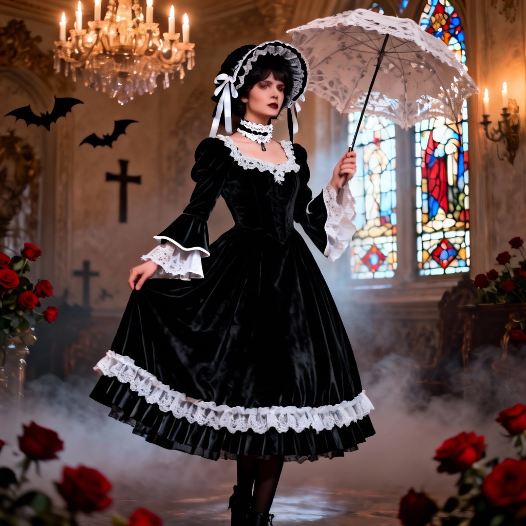 AI Gothic Lolita model in black JSK with bonnet and parasol