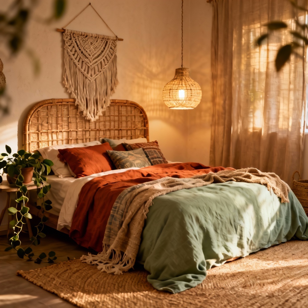 AI boho bedroom makeover with rattan and earthy tones