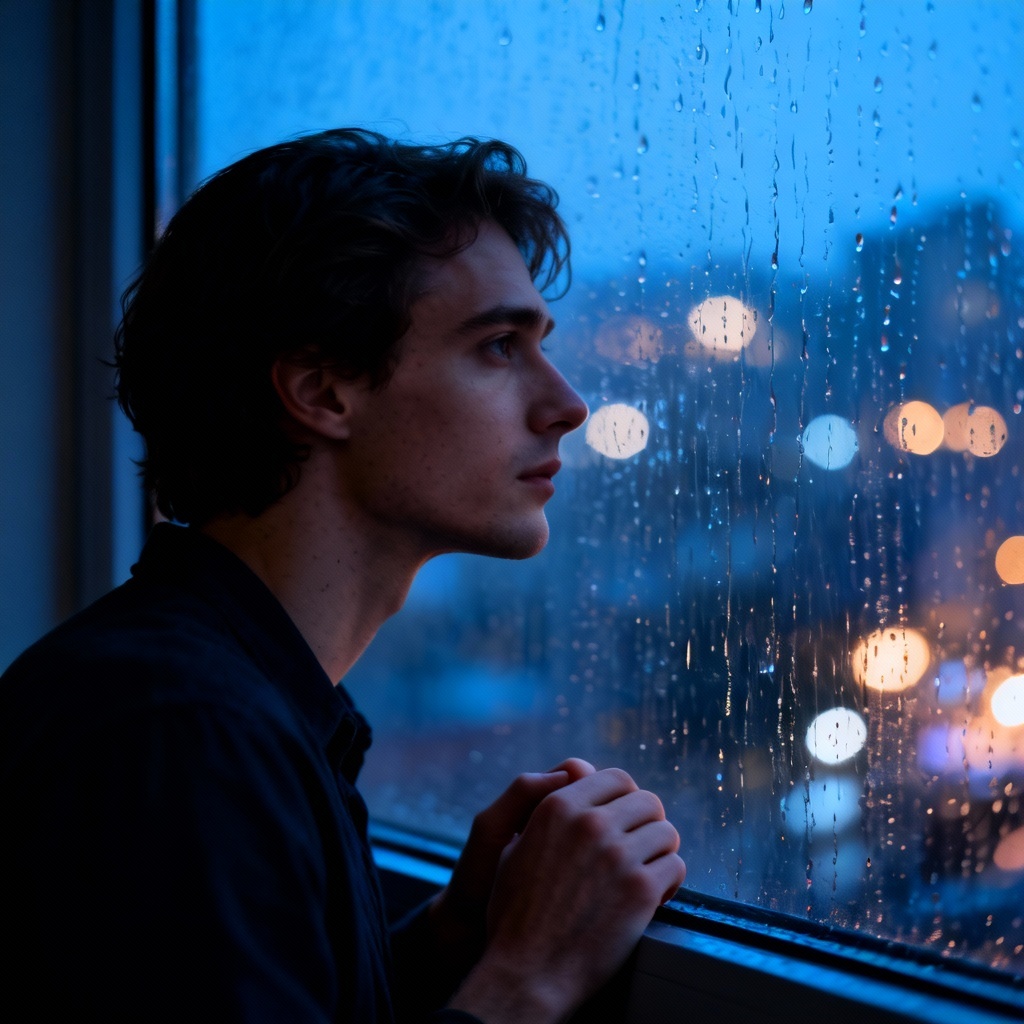 AI cinematic profile portrait gazing out a rainy window