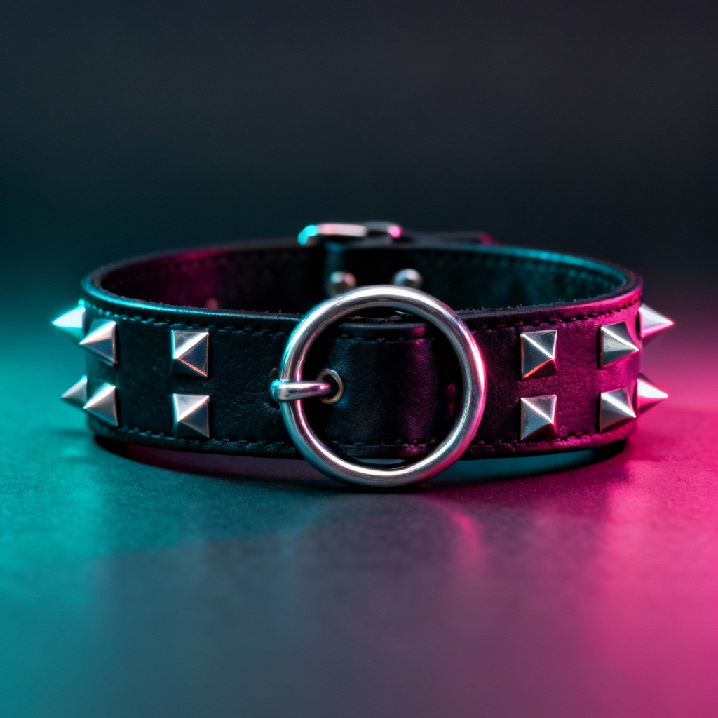 AI black leather strap bracelet with pyramid studs and O-ring