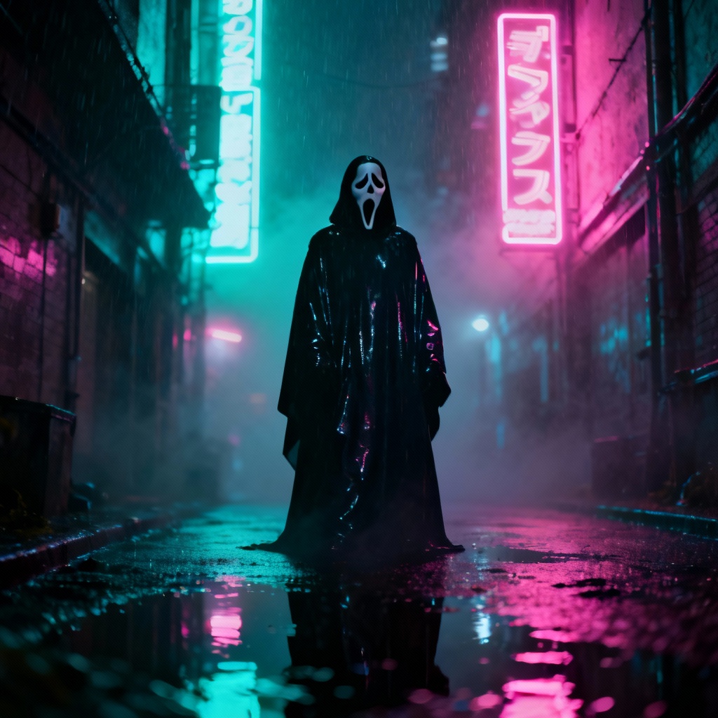 AI Ghostface in neon alley with cinematic fog