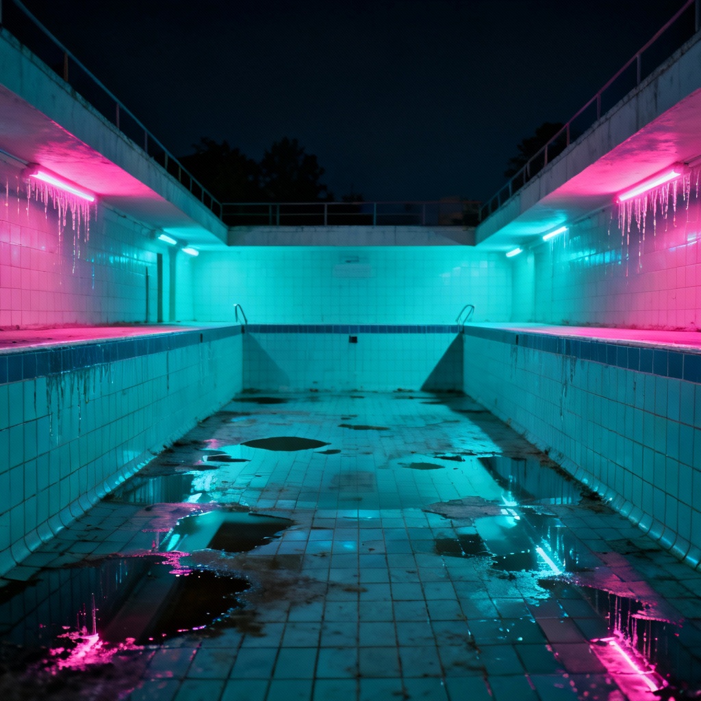 AI abandoned pool glowing with cyan magenta neon