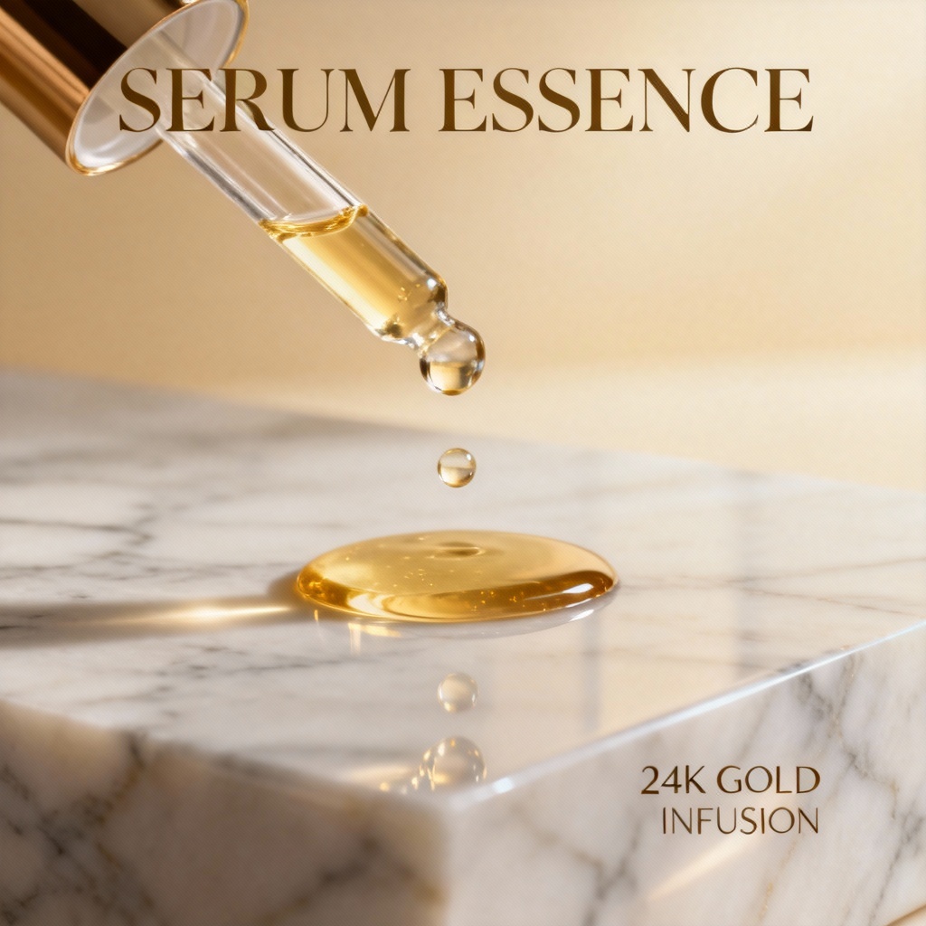 AI CGI ad of skincare serum dropper with golden liquid