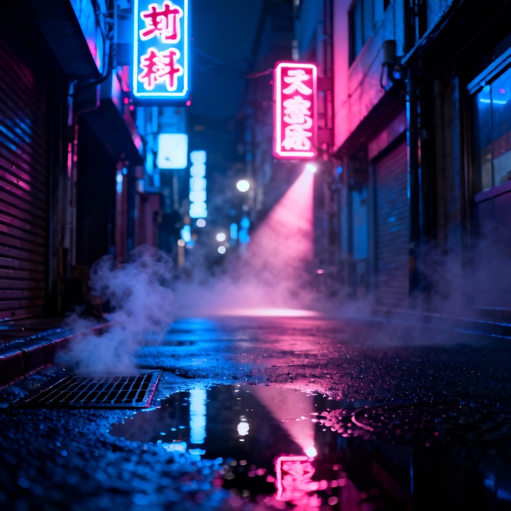 AI neon alley after rain at night