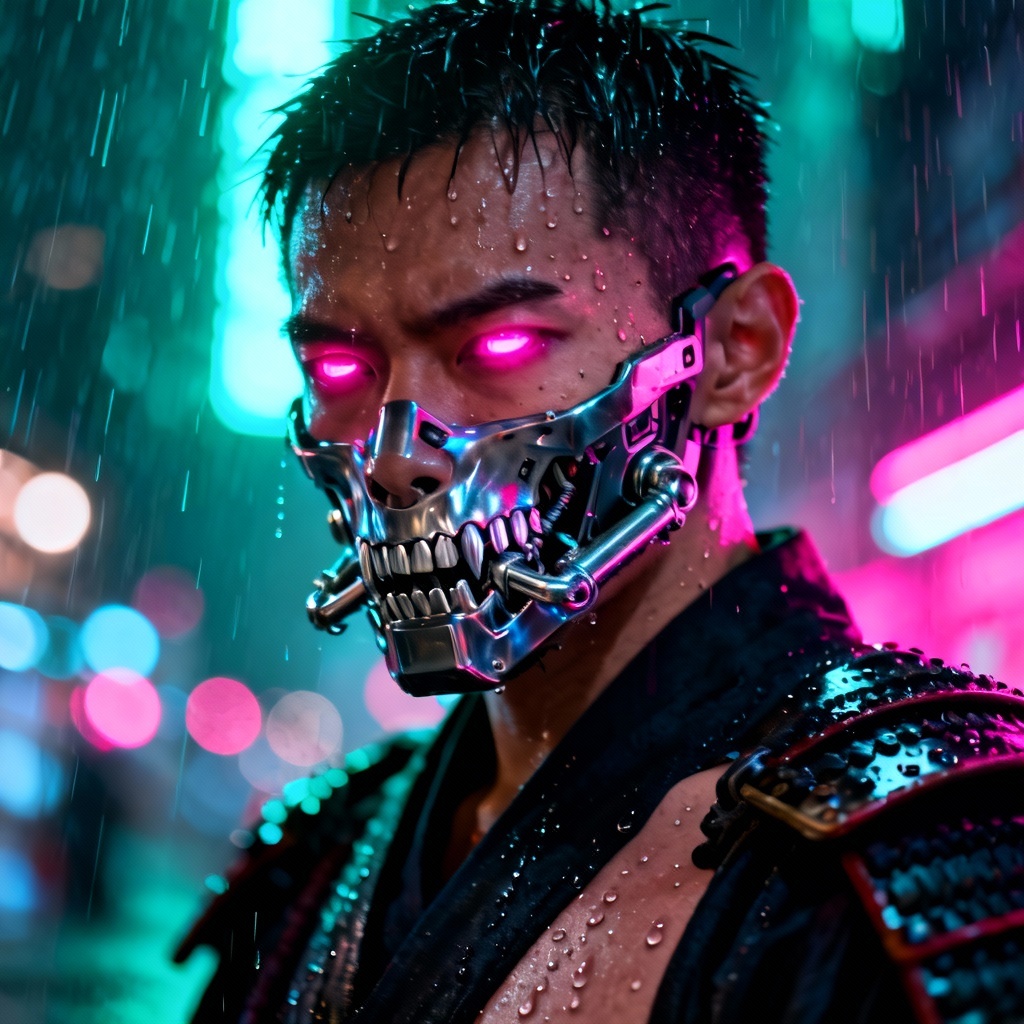 AI cyberpunk ronin portrait with neon lighting