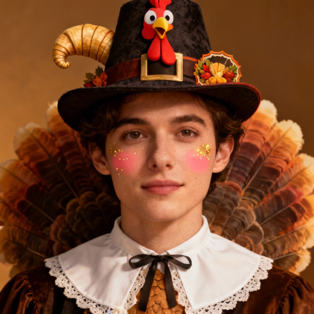 Portrait with pilgrim-style turkey hat and Thanksgiving frame