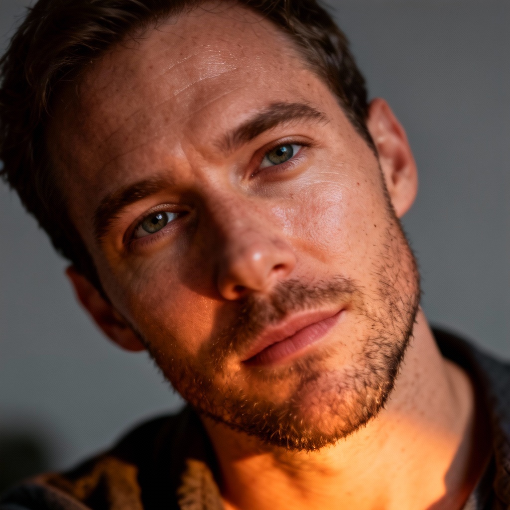 AI raw selfie under a warm desk lamp at night