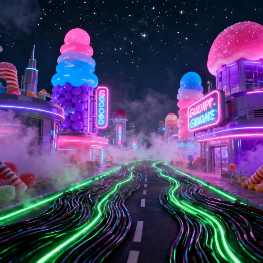 AI neon cyber candy cityscape at night