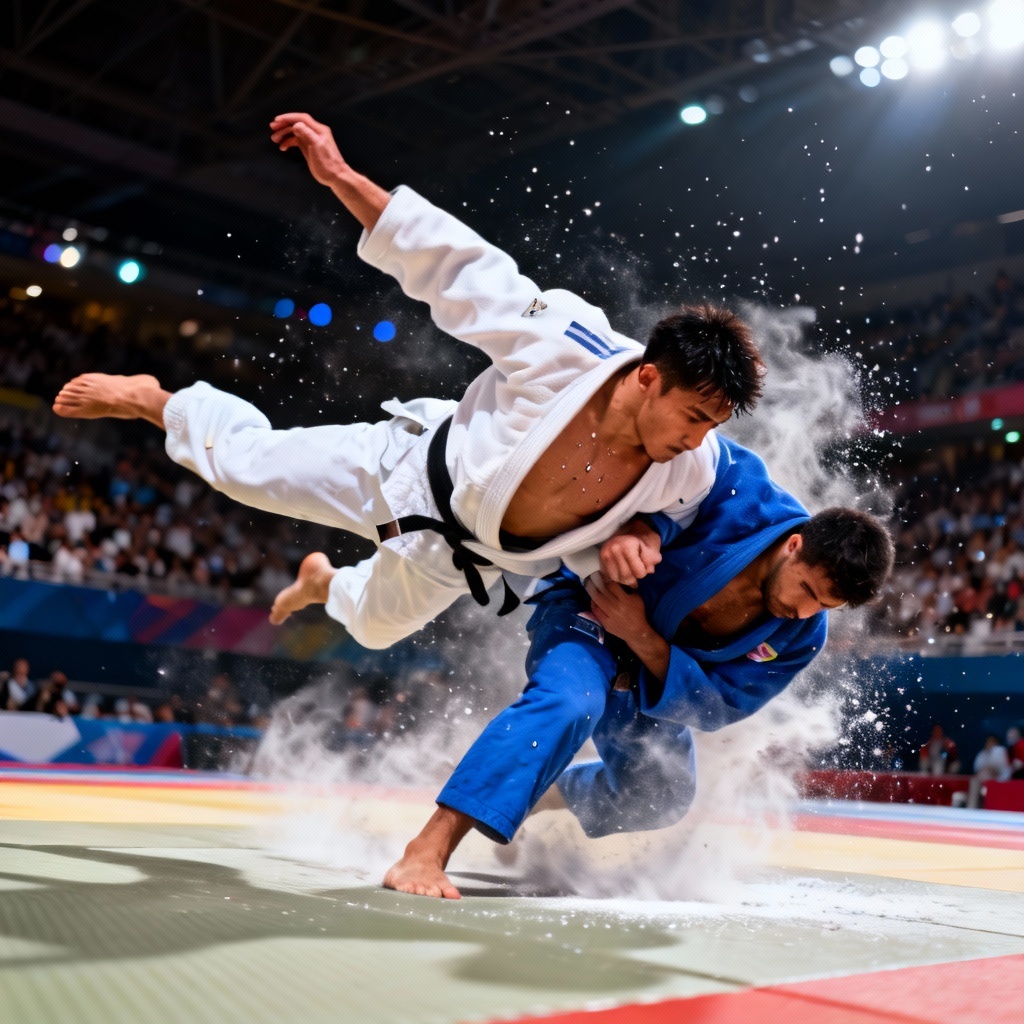 Photoreal judo ippon throw midair on tatami