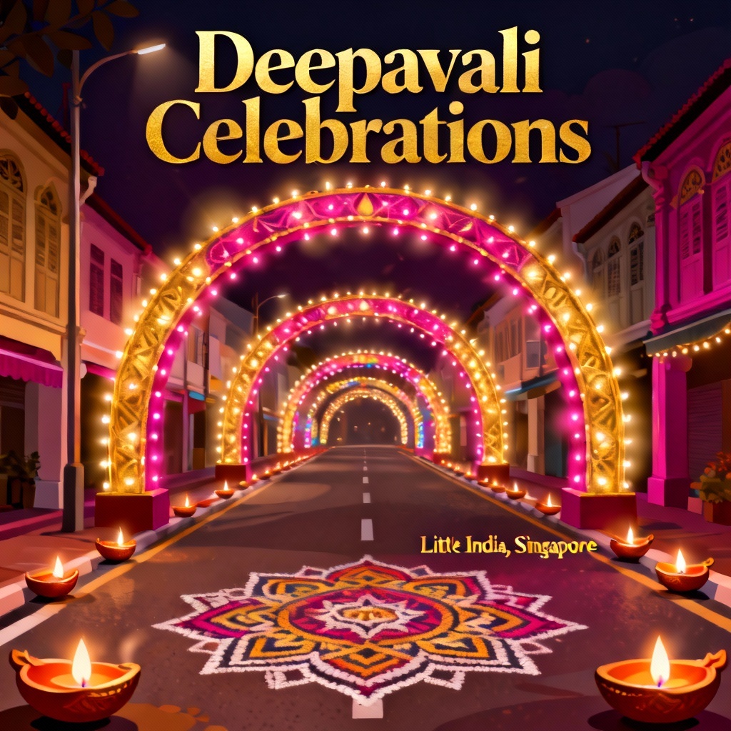 AI Deepavali Singapore poster with lights and rangoli