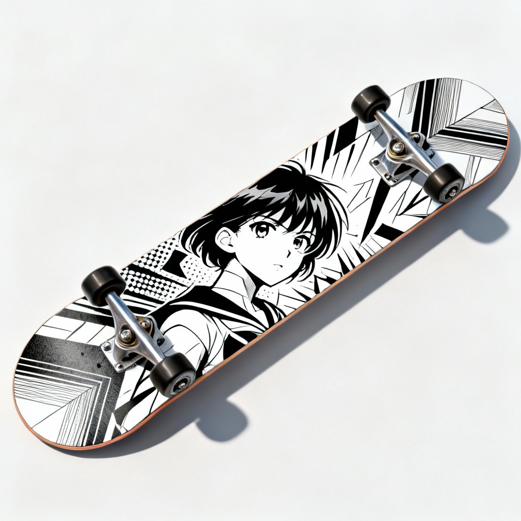 Anime character grip tape art on top of a skateboard deck