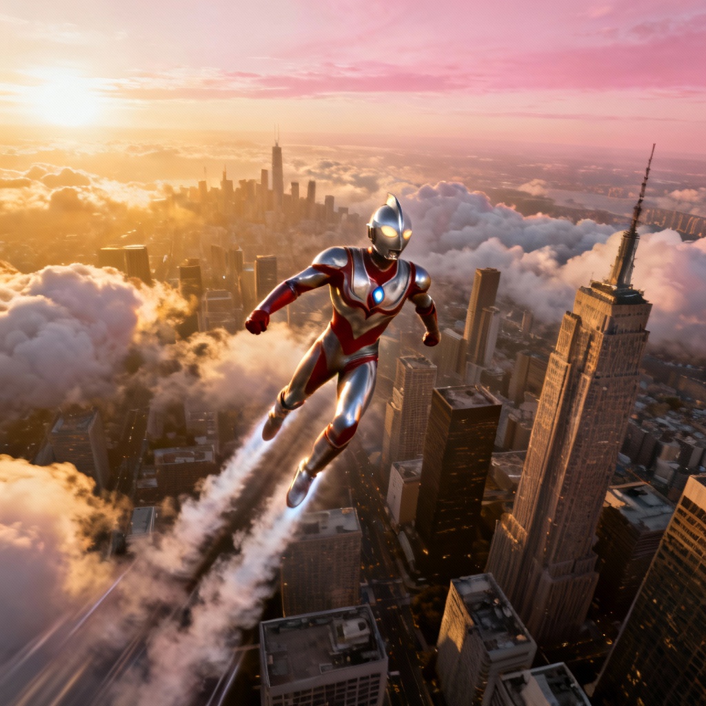 Aerial shot of Ultraman-style hero flying above city