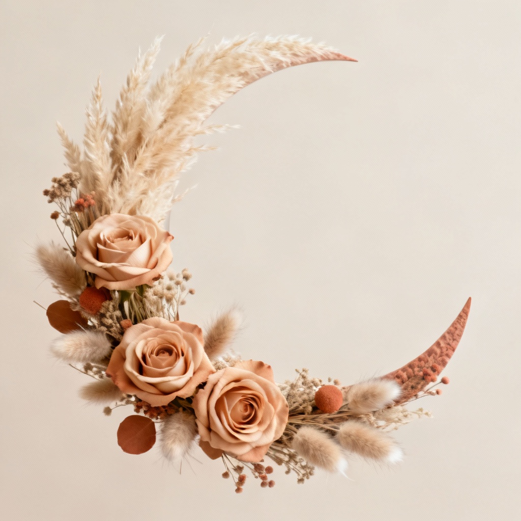 AI boho flower wreath with pampas grass and nude roses