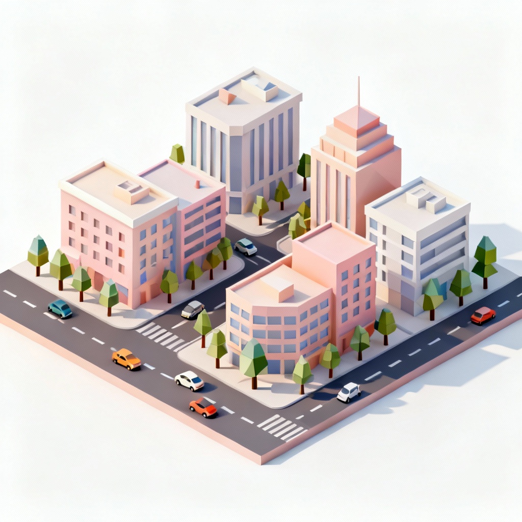 AI isometric city map with low-poly buildings