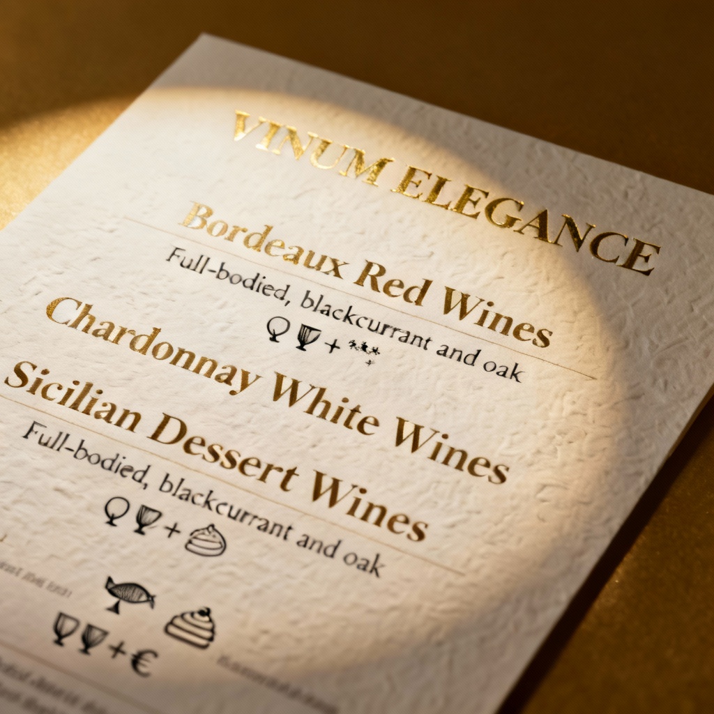 Elegant fine dining wine list with tasting notes and premium look