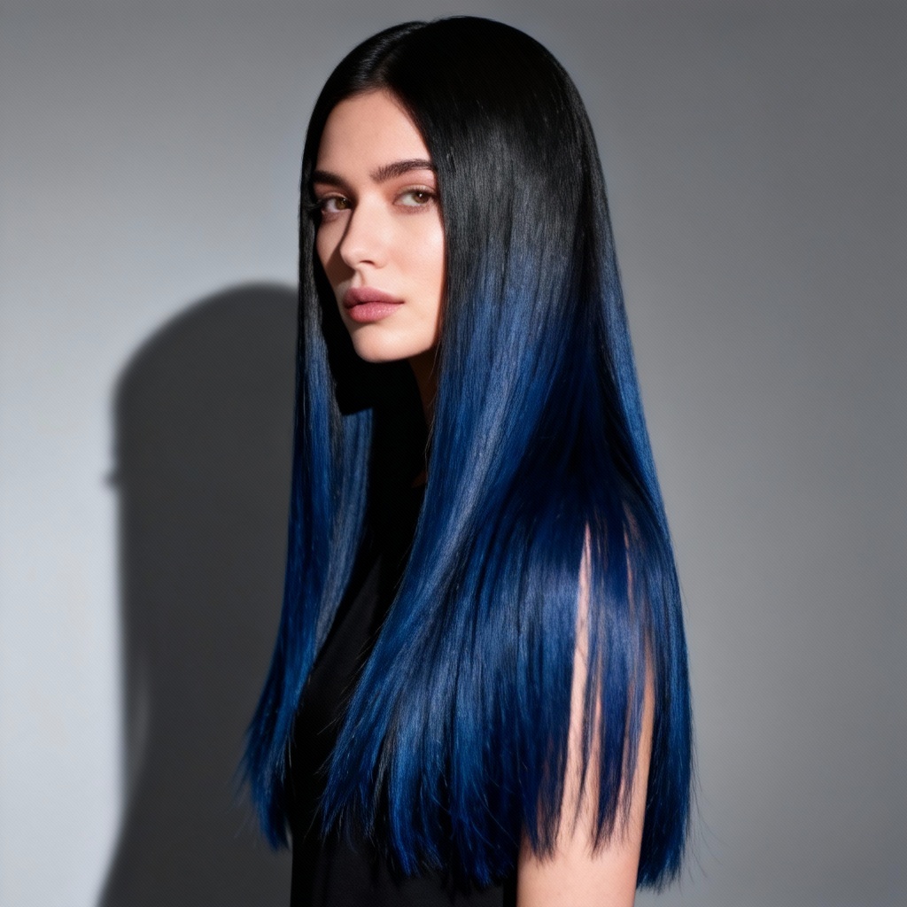 AI deep blue ombre hair effect
