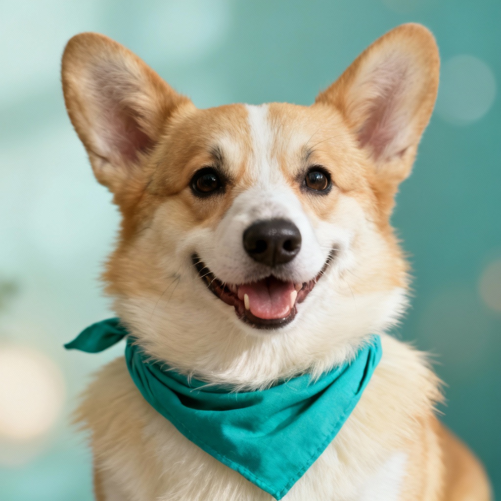 AI photorealistic corgi portrait with teal bandana