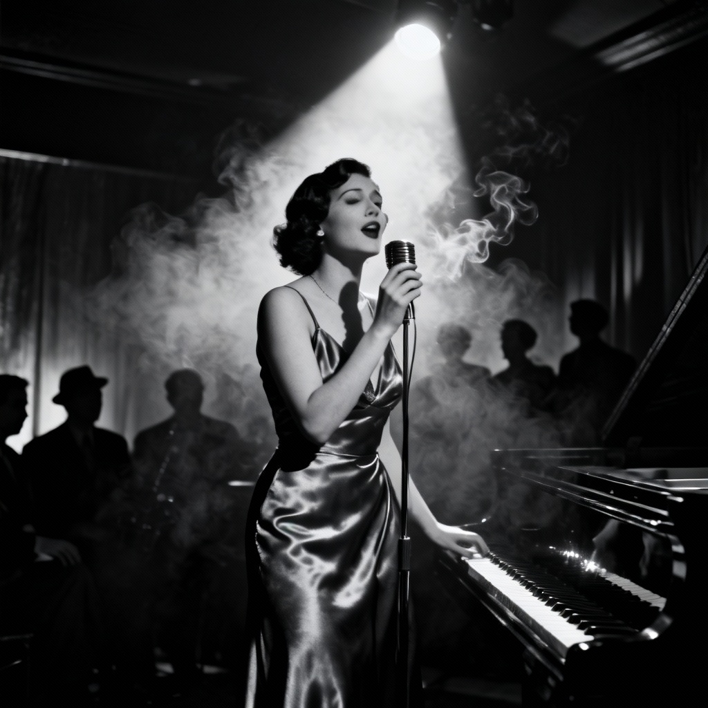 AI noir jazz club singer on stage with spotlight