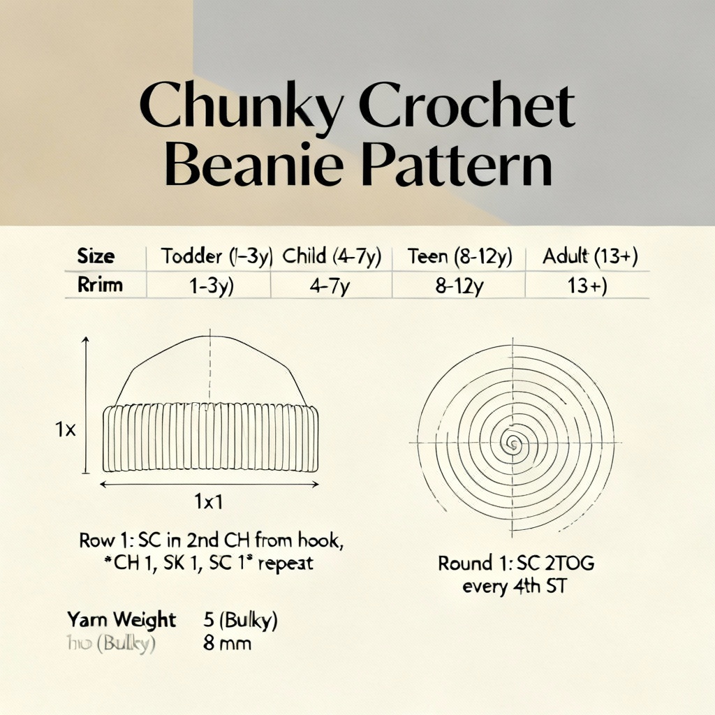 AI chunky crochet beanie pattern with size chart