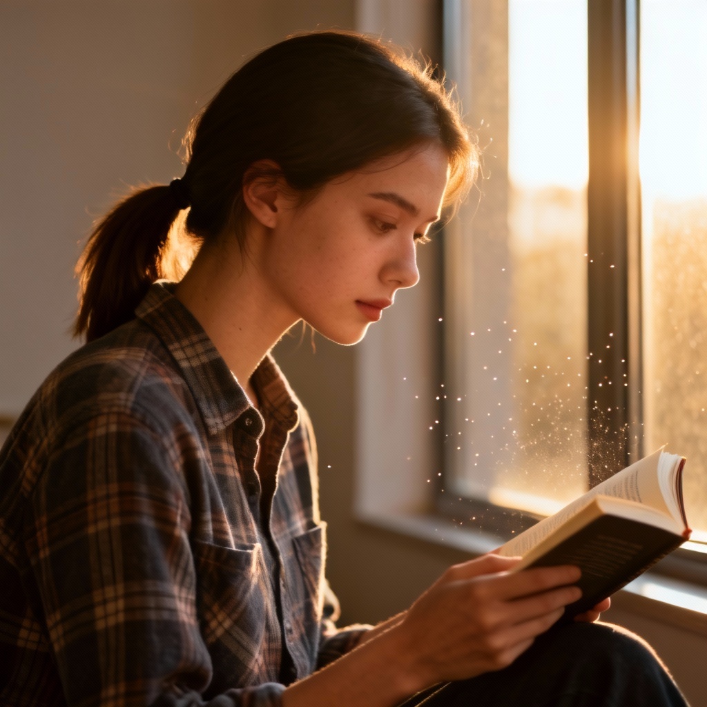 AI neighbor girl reading by a window with natural light