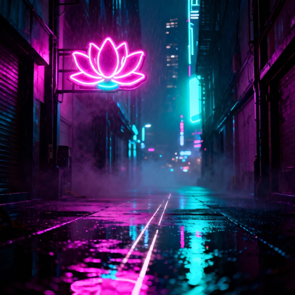 AI cyberpunk neon lotus glowing in a rainy night city scene