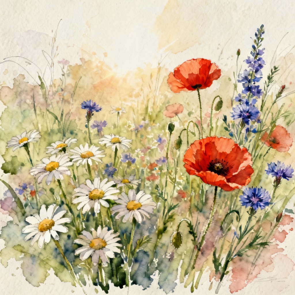 Watercolor wildflower meadow in pastel tones