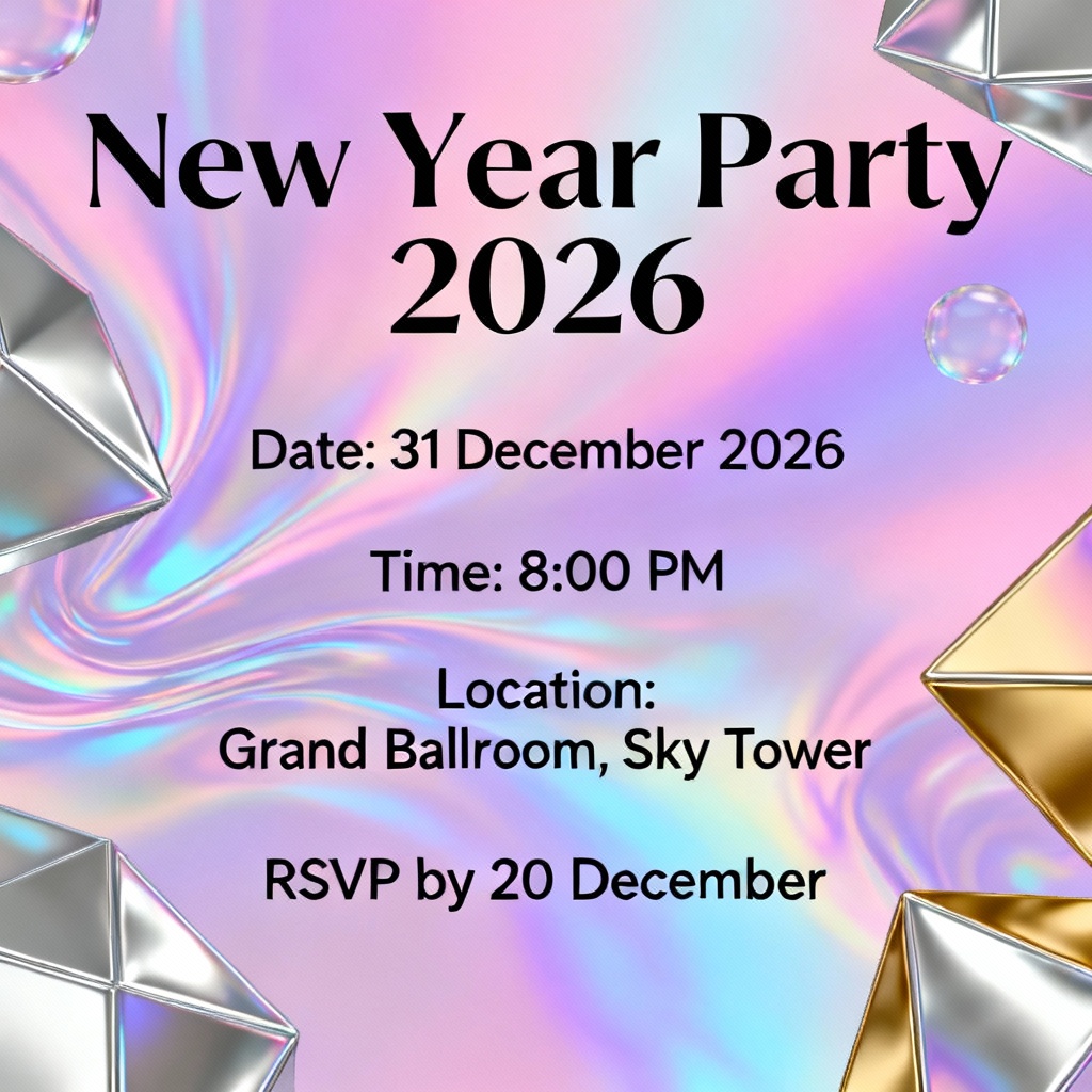 Holographic gradient 2026 New Year party invitation