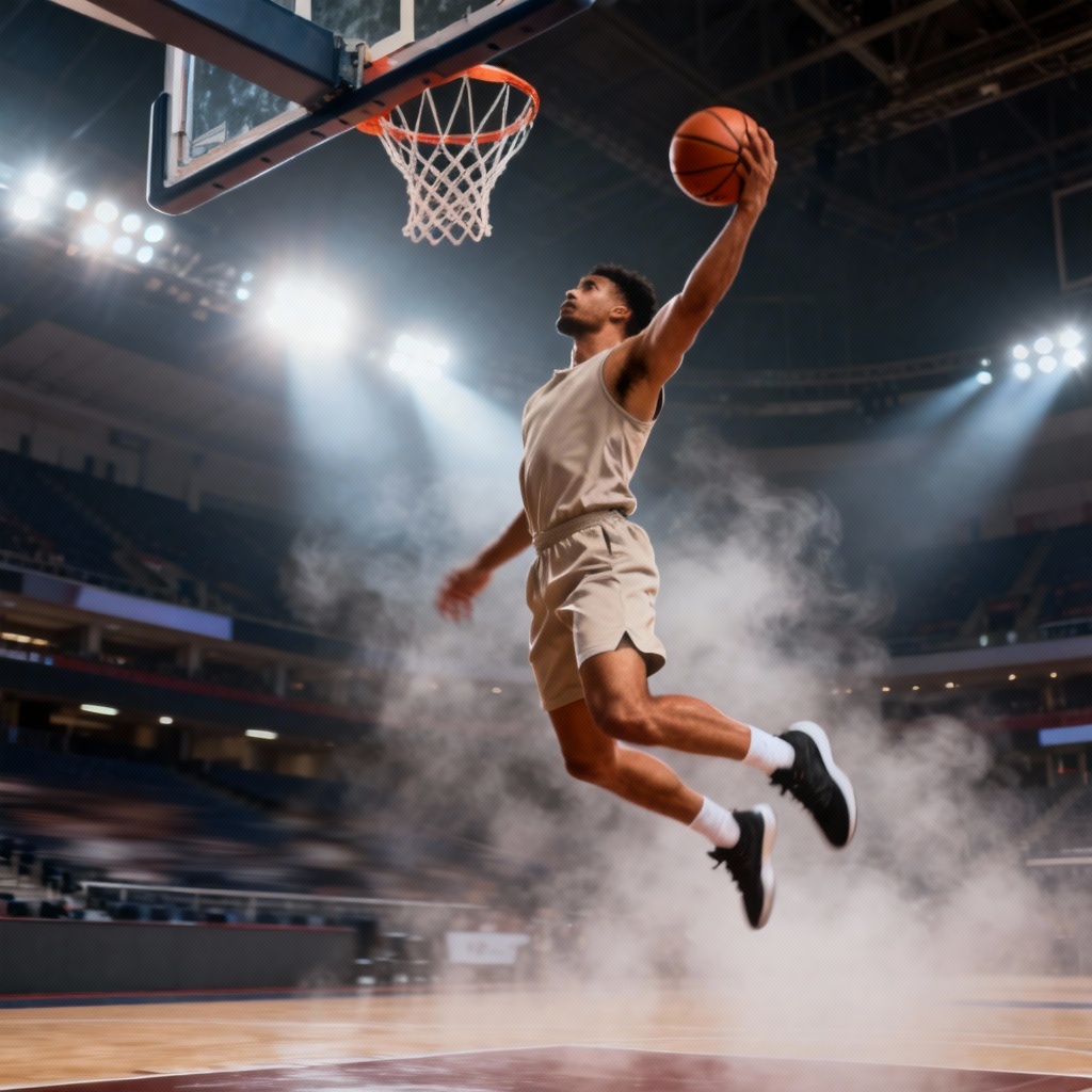 NBA AI cinematic dunk image in a packed arena