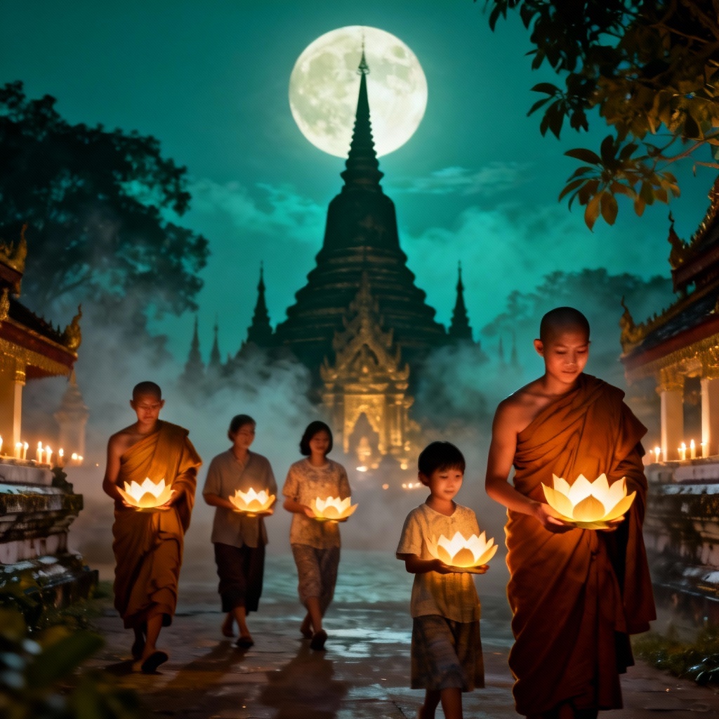 AI Vesak Day scene with lotus lantern procession under a full moon