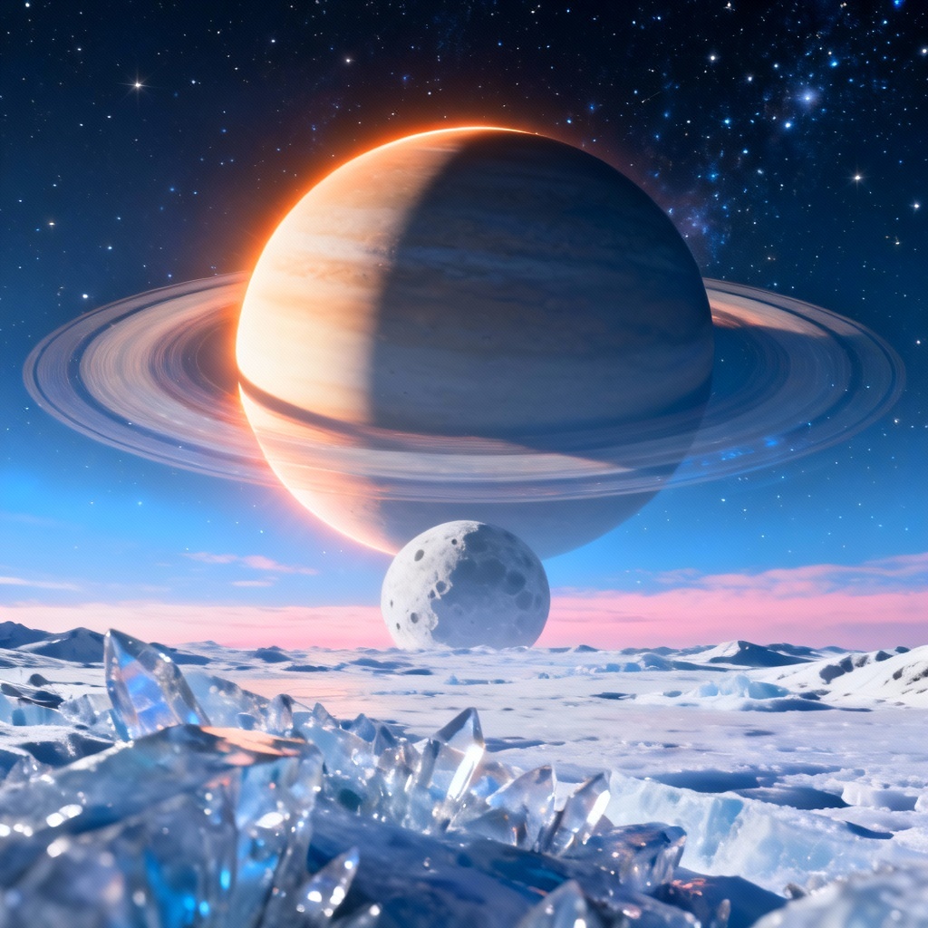 AI exoplanet with rings at sunrise over a frozen moon