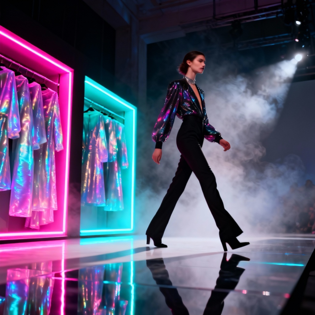AI holographic runway themed photoshoot with iridescent gels