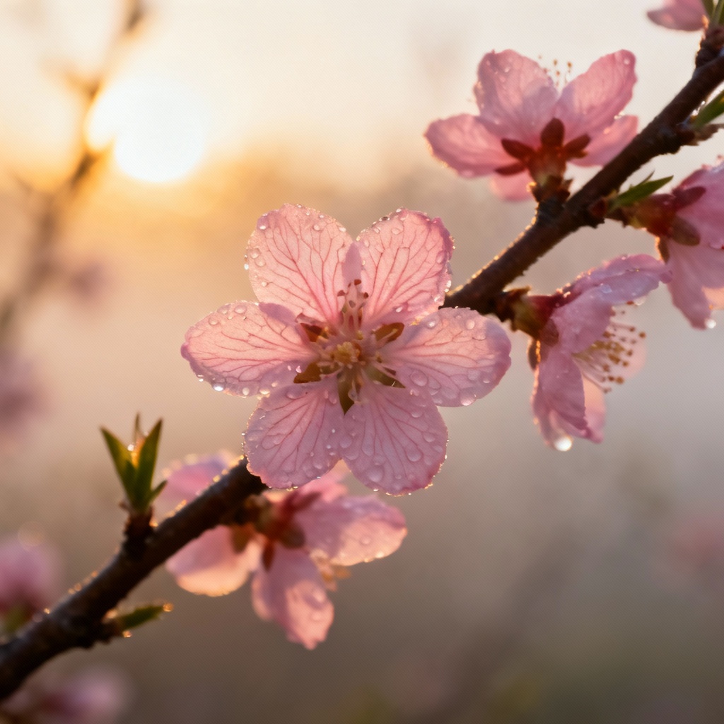 AI peach blossoms on a flowering branch at sunrise, pink petals glowing