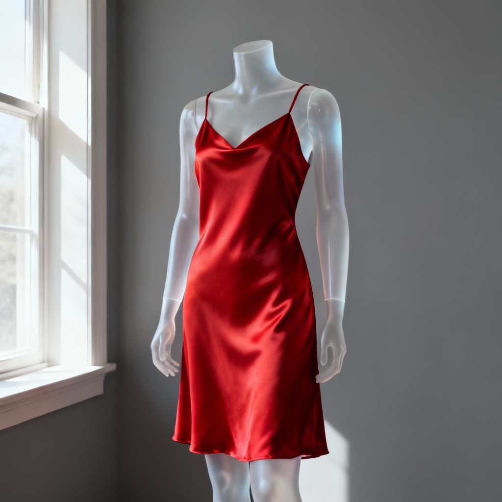 AI scarlet silk slip dress product mockup