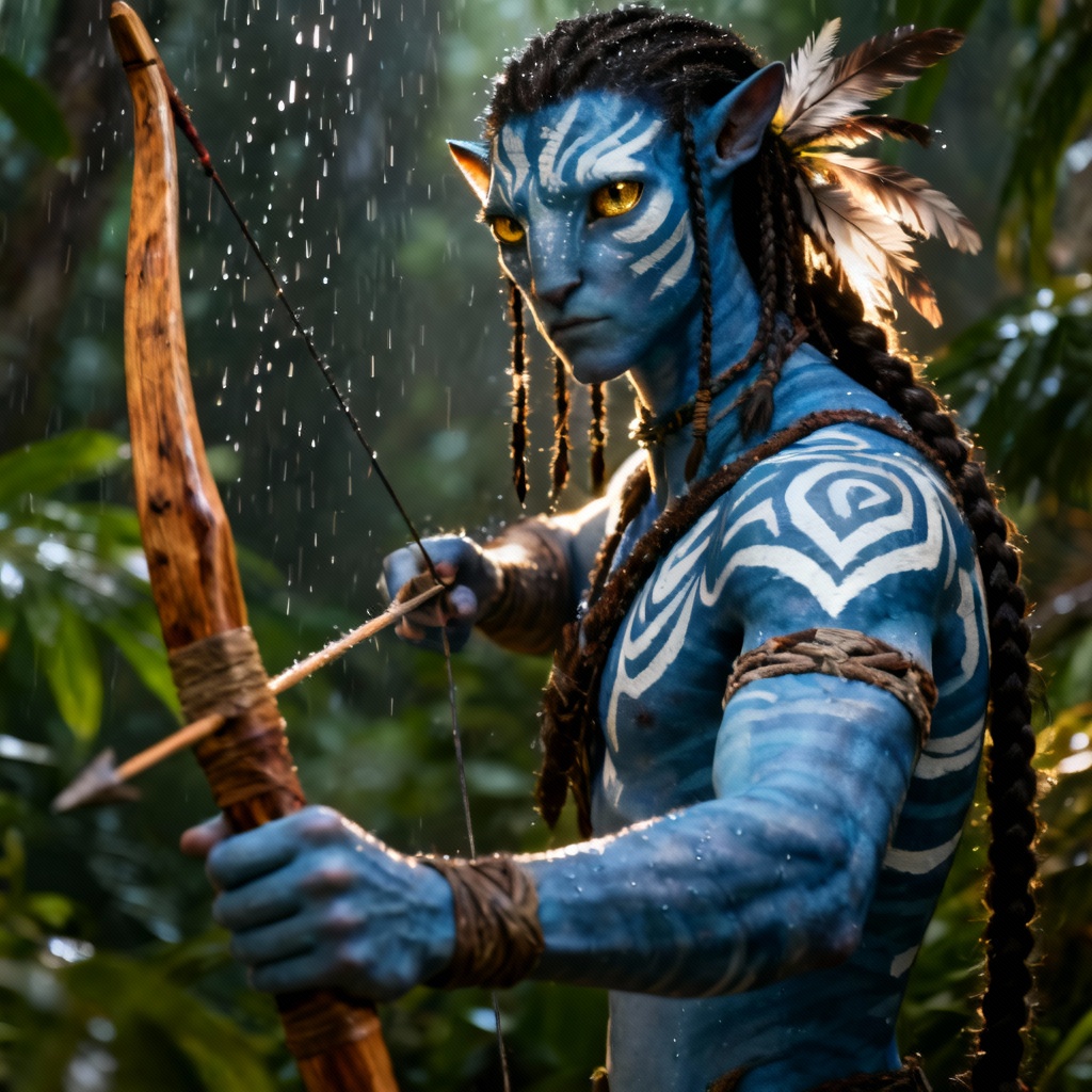Blue alien avatar with bold white tribal war paint and bow