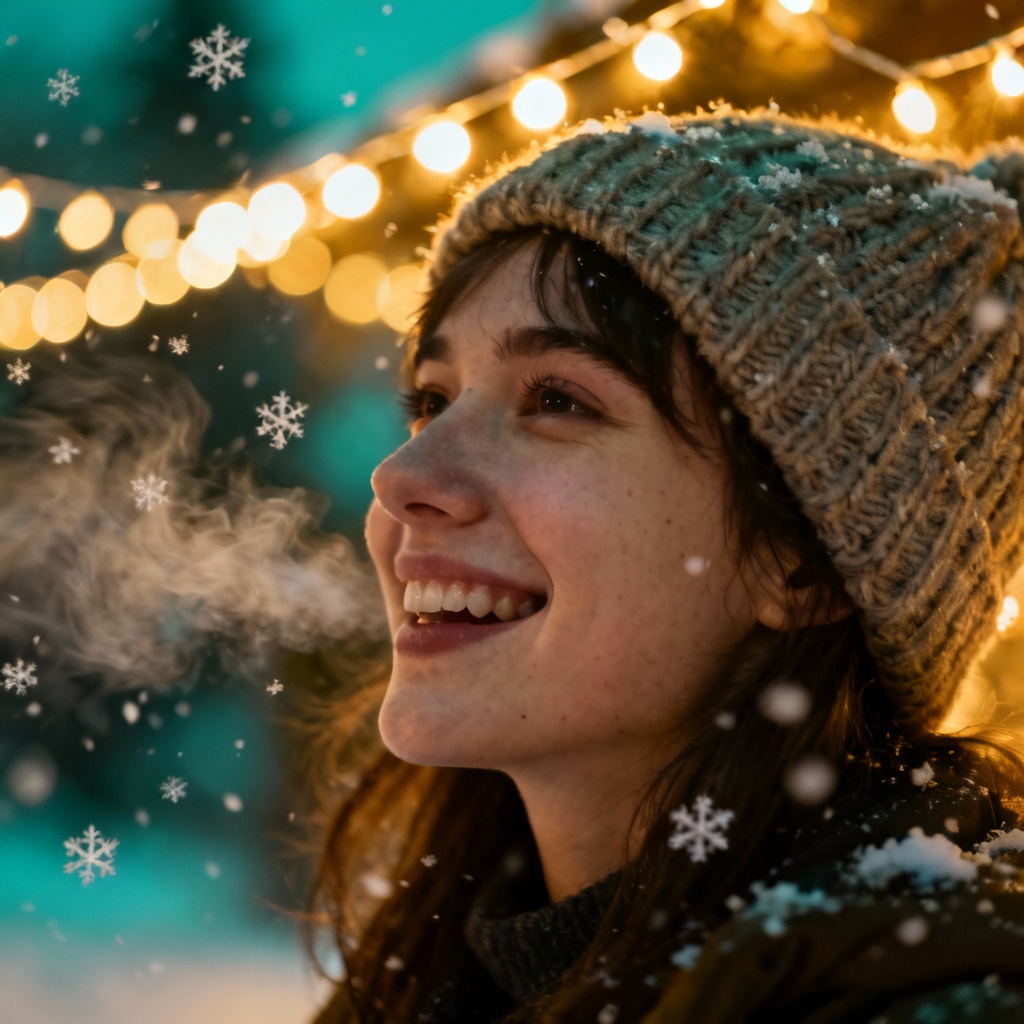 AI holiday portrait with snow and warm bokeh lights