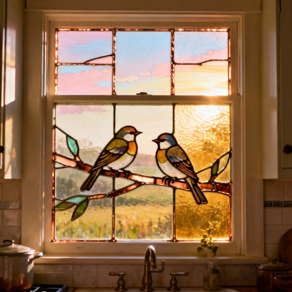 AI stained glass birds on a branch window