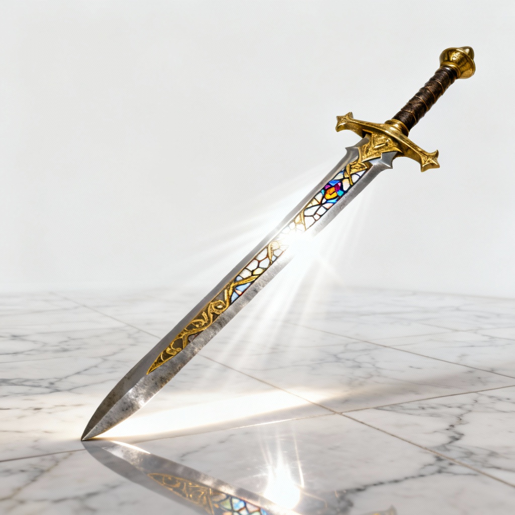 AI holy paladin sword with gold inlay and radiant light