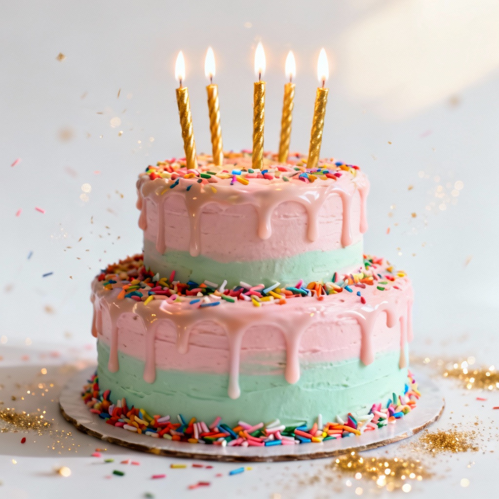 AI pastel buttercream birthday cake with sprinkles and candles