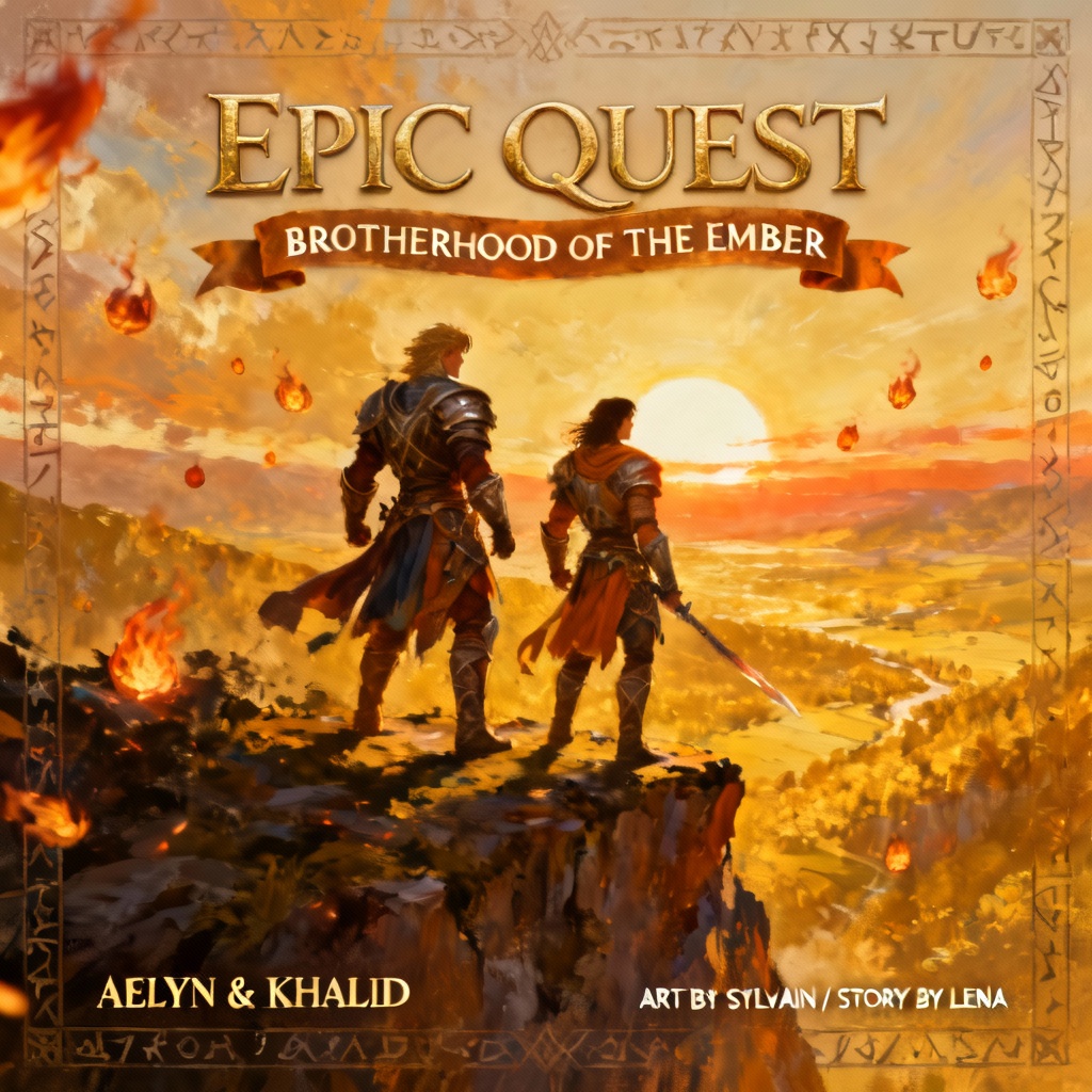 Epic fantasy AI movie poster with hero duo on cliff