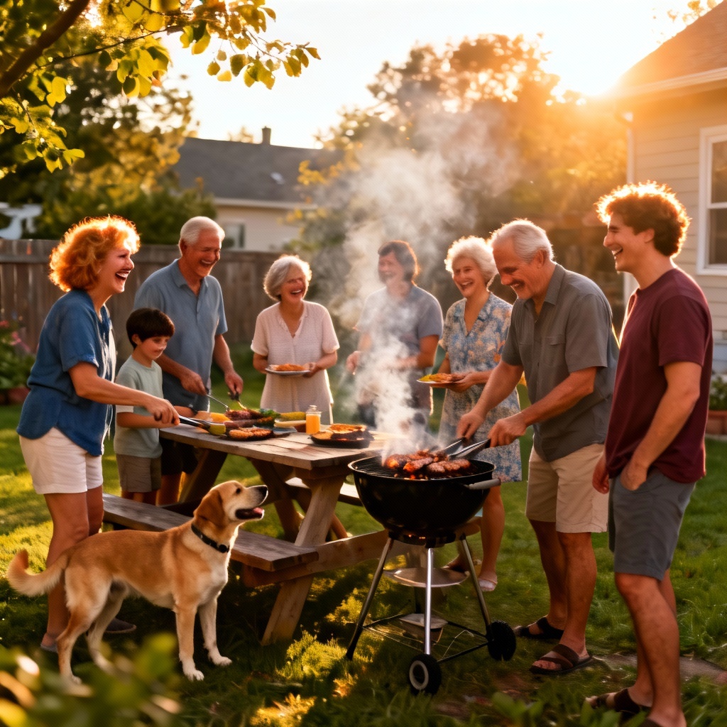 AI backyard barbecue family photo at golden hour
