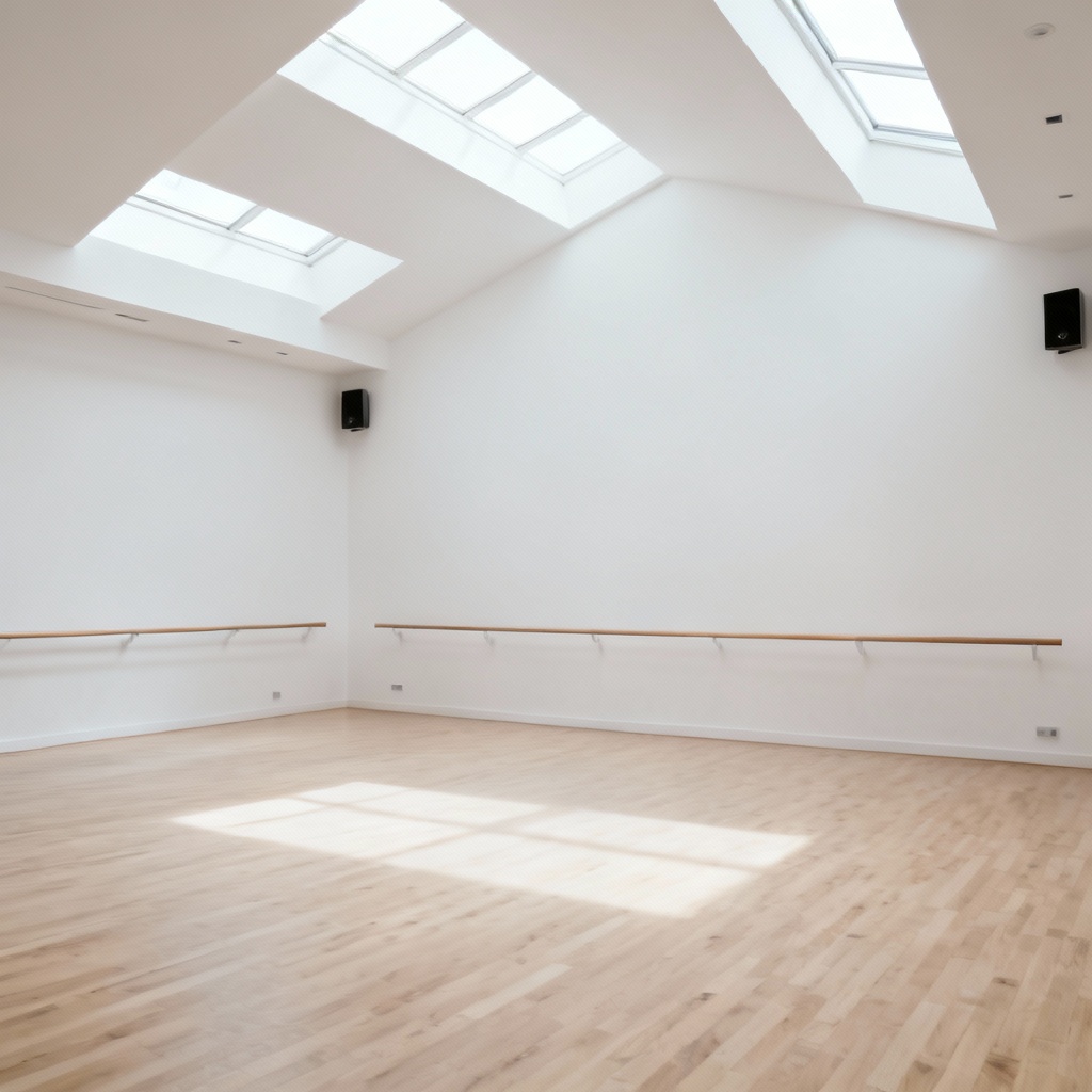 AI render of minimalist white dance studio with skylights