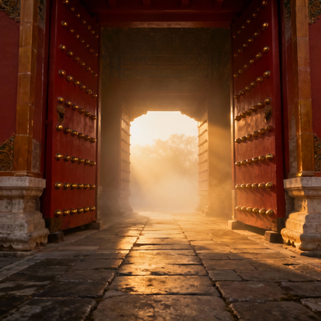AI misty Forbidden City gate at sunrise