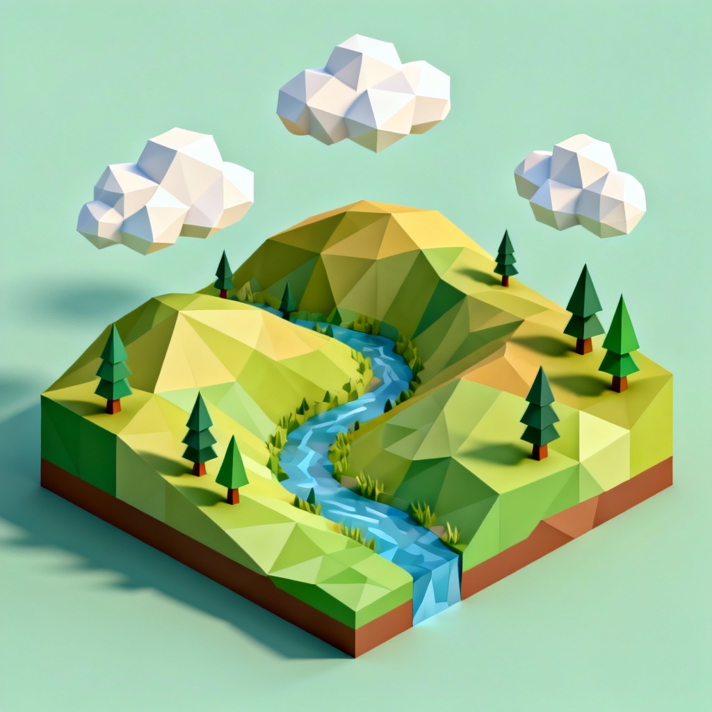 AI low poly isometric rolling hills scene