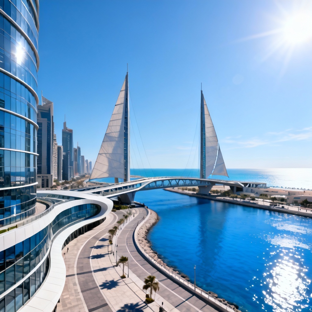 AI futuristic coastal metropolis with curved architecture